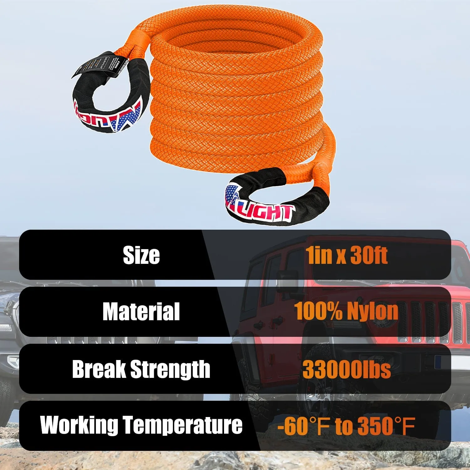 1in x 30ft Kinetic Recovery Rope 33000LBS