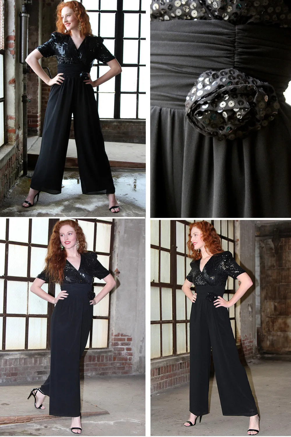 80s Black Sequin Onesie Jumpsuit