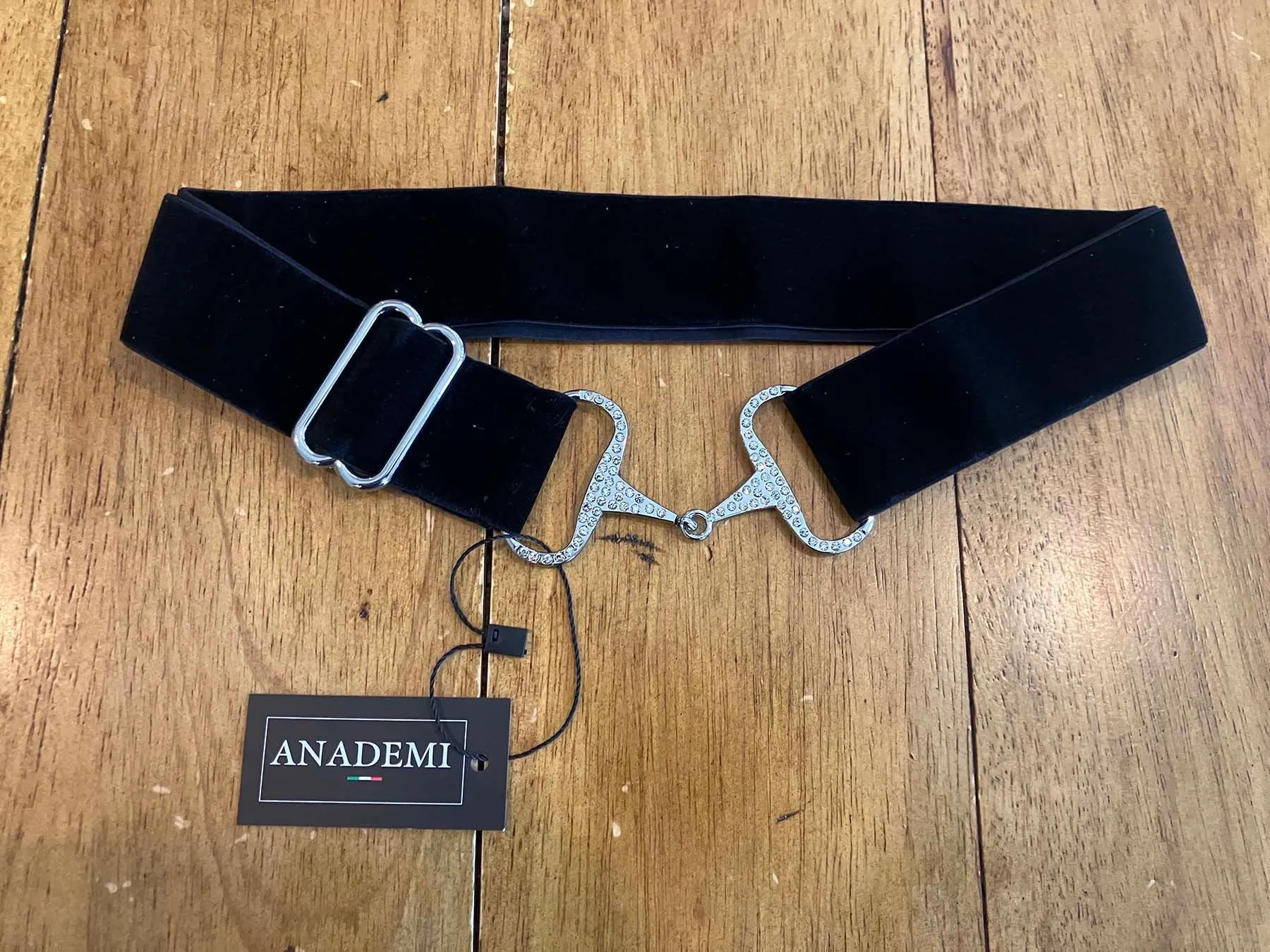 Anademi Stretch Belt Black Velvet with Rhinestone Silver Bit Buckle