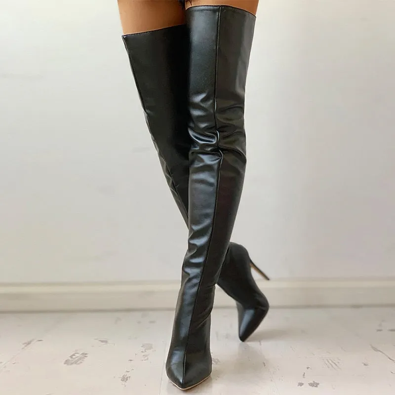 Black Sexy Over The Knee Boots Women High Heels Shoes Ladies Thigh High Boots Spring Leather Long Boots Female Shoe Plus Size 43