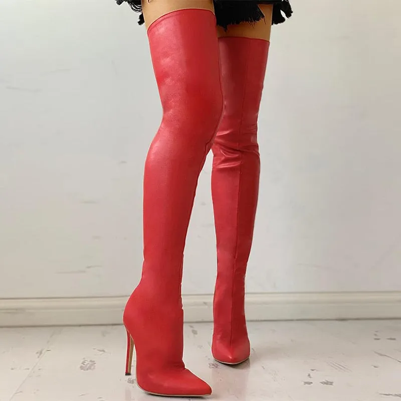 Black Sexy Over The Knee Boots Women High Heels Shoes Ladies Thigh High Boots Spring Leather Long Boots Female Shoe Plus Size 43