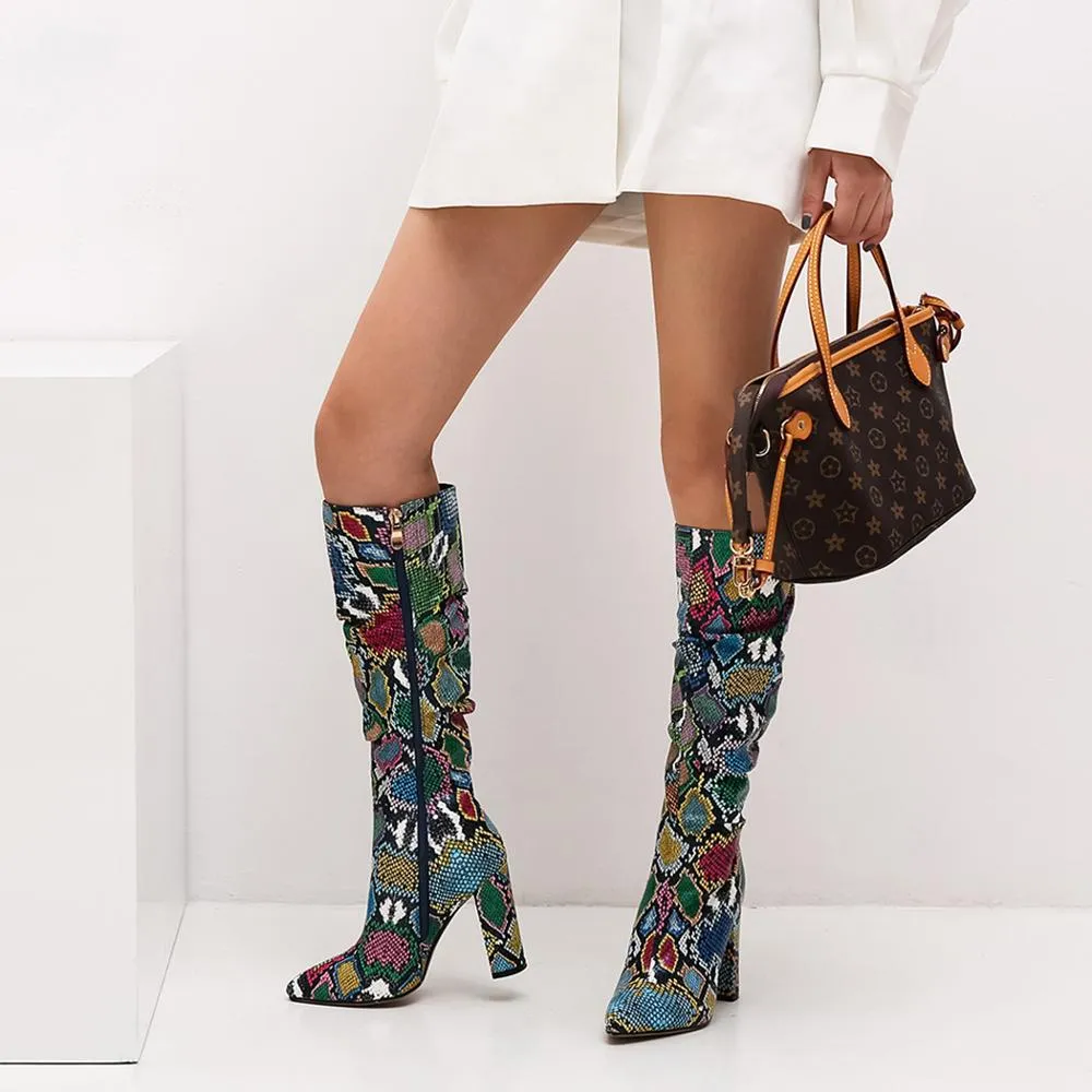 Colorful High Heels Thick Mid-calf Distressed Pointed Toe Zip Pleated Boots