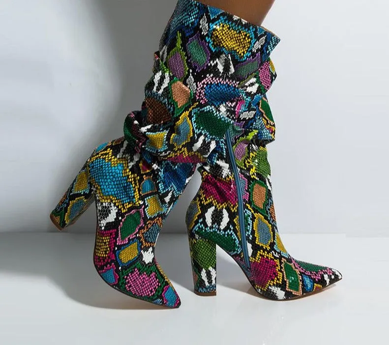 Colorful High Heels Thick Mid-calf Distressed Pointed Toe Zip Pleated Boots
