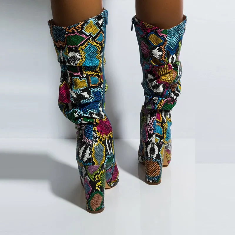 Colorful High Heels Thick Mid-calf Distressed Pointed Toe Zip Pleated Boots