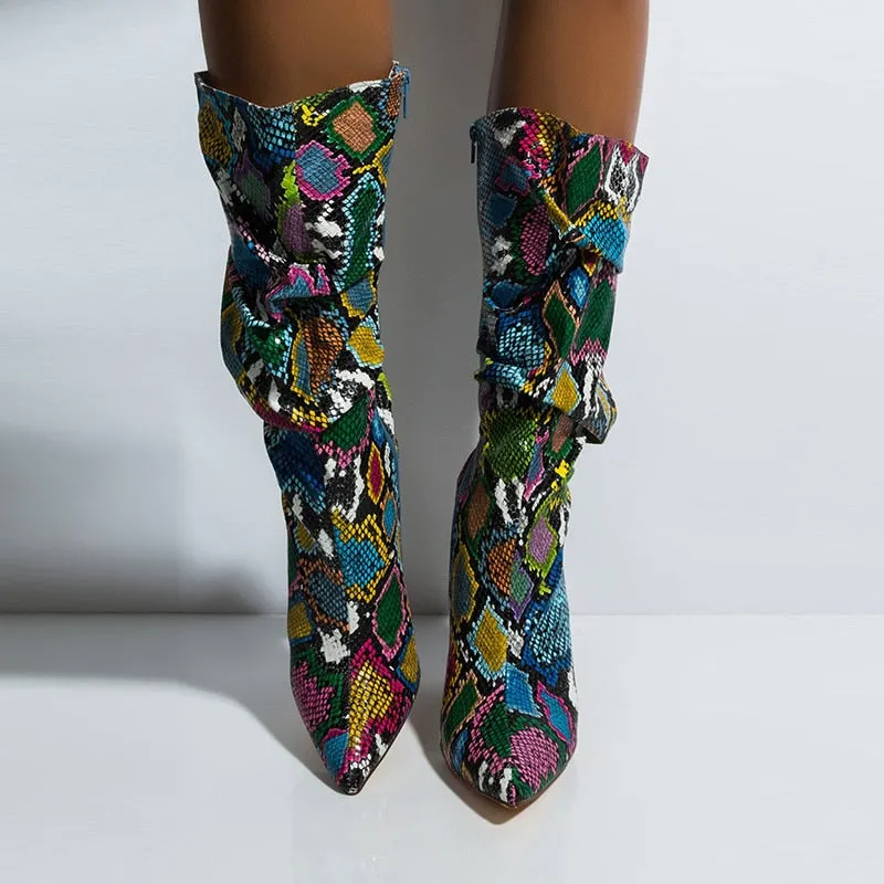 Colorful High Heels Thick Mid-calf Distressed Pointed Toe Zip Pleated Boots
