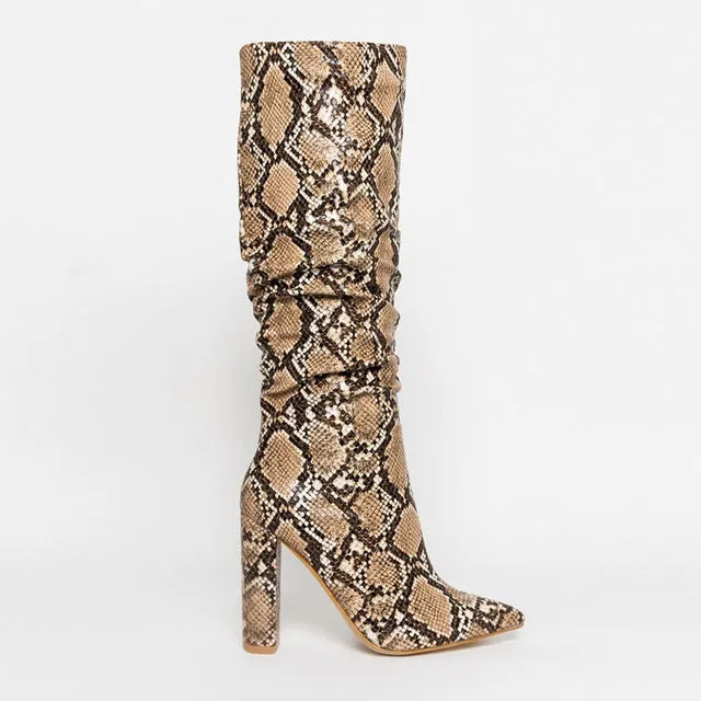 Colorful High Heels Thick Mid-calf Distressed Pointed Toe Zip Pleated Boots