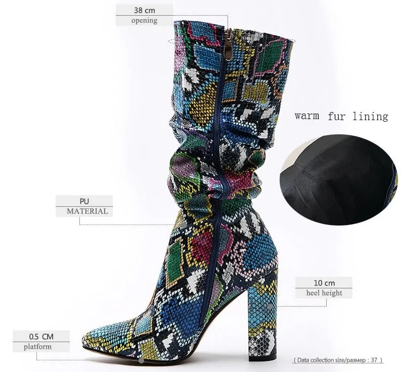Colorful High Heels Thick Mid-calf Distressed Pointed Toe Zip Pleated Boots