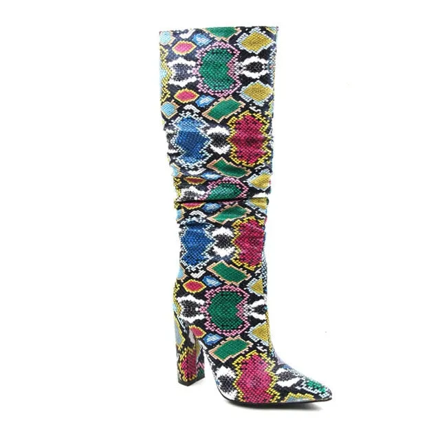 Colorful High Heels Thick Mid-calf Distressed Pointed Toe Zip Pleated Boots