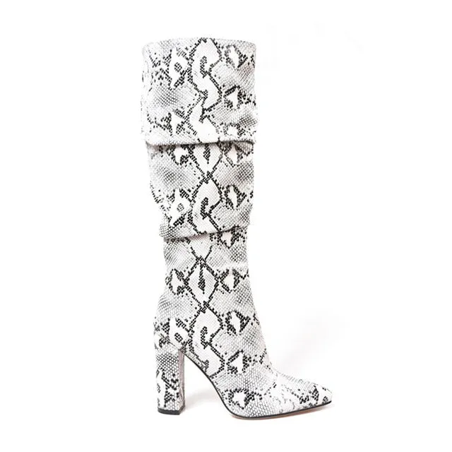 Colorful High Heels Thick Mid-calf Distressed Pointed Toe Zip Pleated Boots