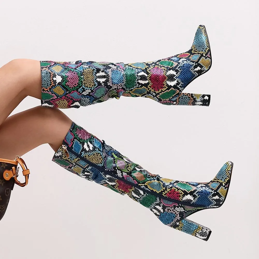 Colorful High Heels Thick Mid-calf Distressed Pointed Toe Zip Pleated Boots