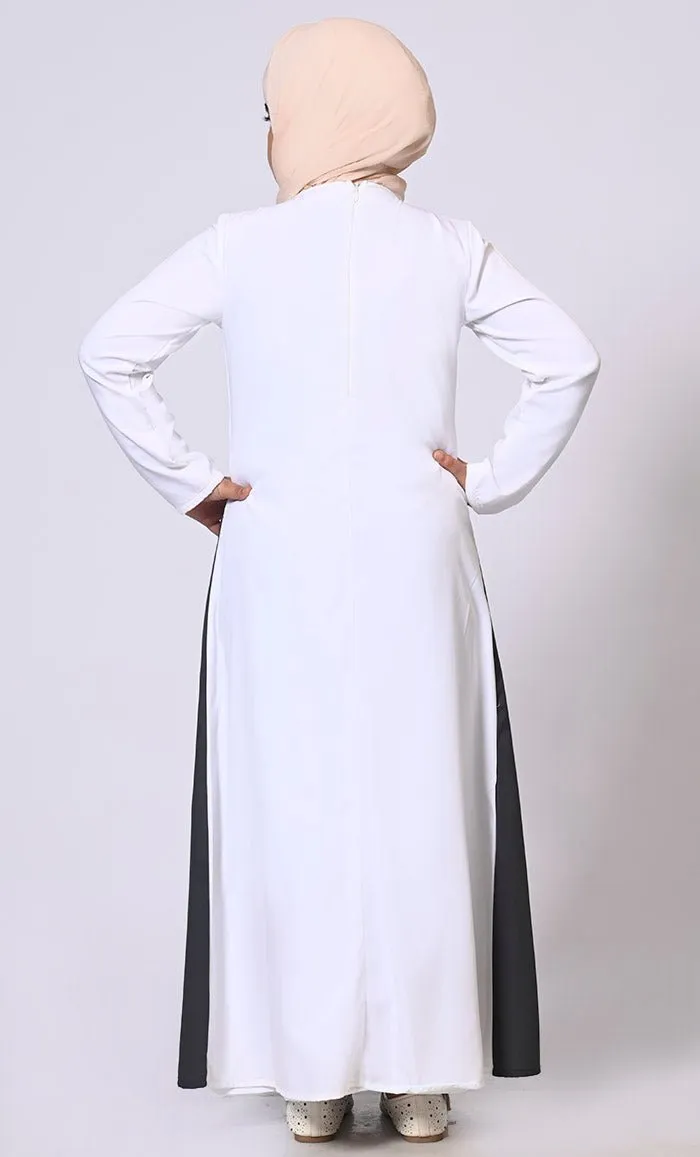 Double Layered Girl's Grey Abaya with Sequined Yoke and Front Pockets - Final Sale