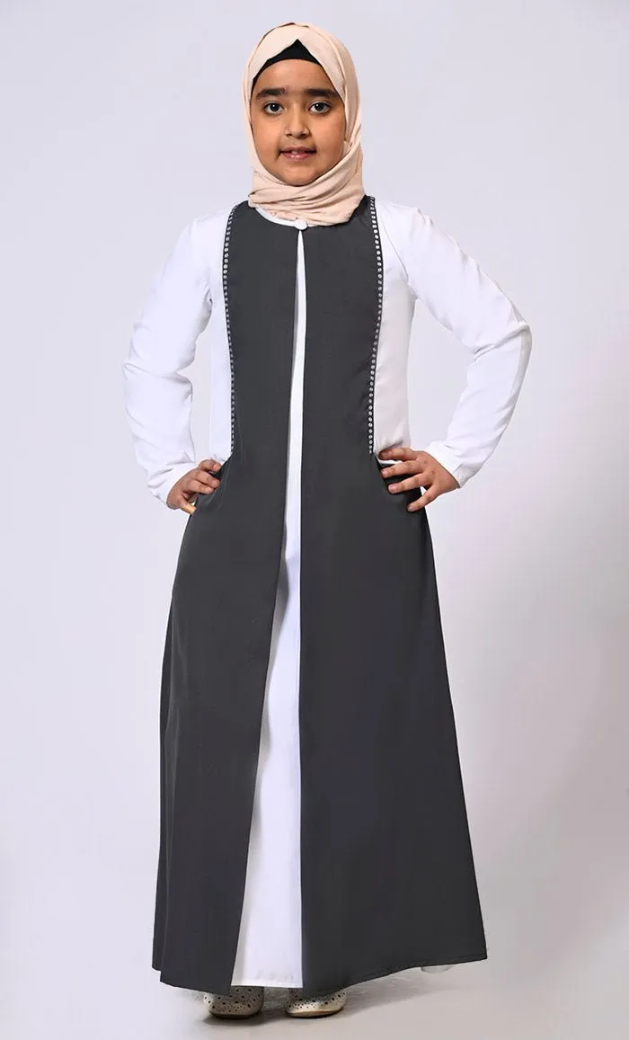 Double Layered Girl's Grey Abaya with Sequined Yoke and Front Pockets - Final Sale