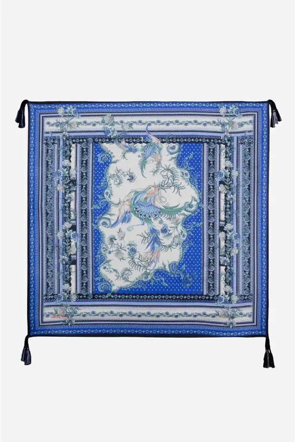 Johnny Was Revive Scarf Square Large Women Scarves Silk Floral Blue Tassel New