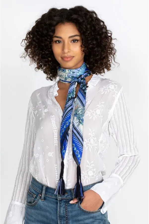 Johnny Was Revive Scarf Square Large Women Scarves Silk Floral Blue Tassel New