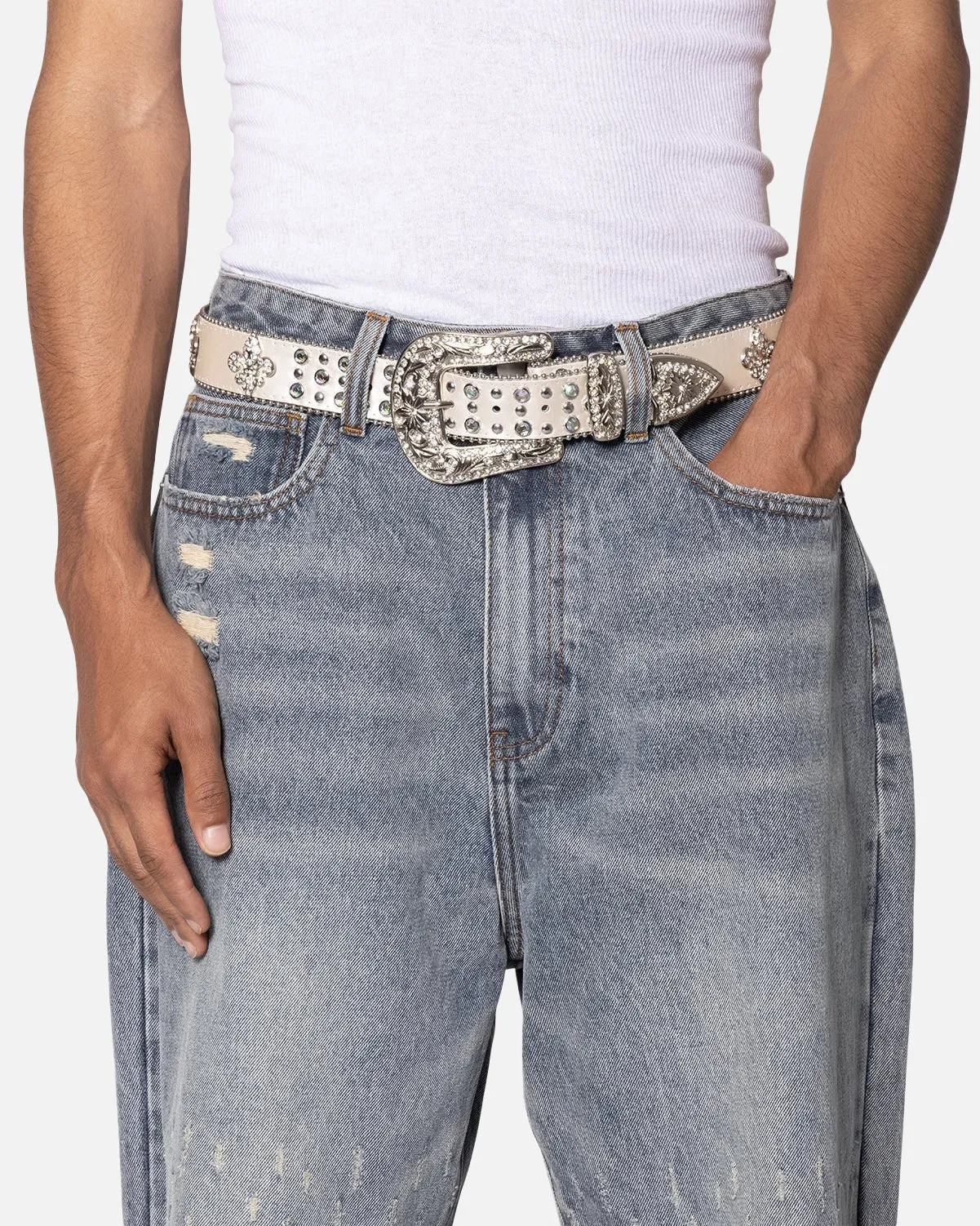 MNML Fleur Studded Rhinestone Belt Off White